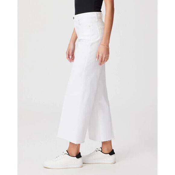 NWT Paige Women's Crisp White Anessa Wide Leg Raw Hem Ankle Jeans Petite Size 32 - Picture 3 of 16